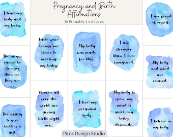 Afirmacje na ciążę i poród, akwarela, 36 wzmacniających afirmacji, karty 4" x 6", natychmiastowe pobranie pliku PDF
