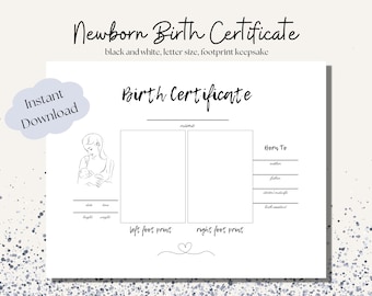 Wydruk aktu urodzenia noworodka ze śladami stóp | prosta, minimalistyczna dekoracja ścienna | natychmiastowe pobranie pliku PDF