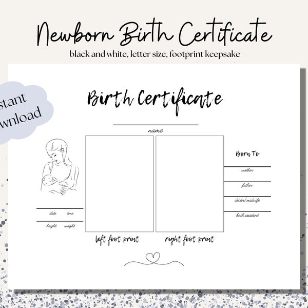 Newborn birth certificate printable with footprints | simple, minimal keepsake wall decor | instant download PDF