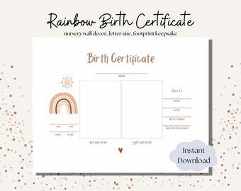 Neutral Regenbogen Kinderzimmer Dekor | Geburtsurkunde Andenken mit Fußabdrücken | Sofort-Download PDF