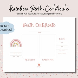 Regenboog kinderkamer decor, afdrukbare geboorteakte aandenken met voetafdrukken, instant download PDF