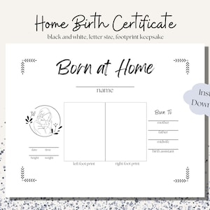 Geburtsurkunde für Hausgeburt, Andenken mit Fußabdrücken oder Baby zu Hause geboren, Sofort Download PDF