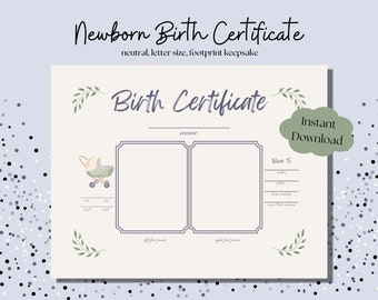 Newborn Birth Certificate Keepsake with Footprints, Printable, Neutral Colors, Instant Download PDF