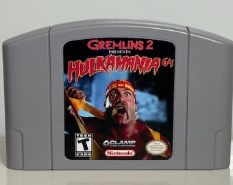 N64 Hulk Hogan Hulkamania Gremlins 2 Nintendo 64 Custom Video Game Cartridge - Front AND Back Labels - Comedy Wrestler Parody Item