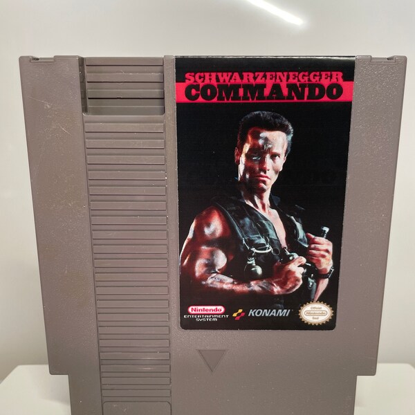 NES Commando Nintendo Custom Video Game Cartridge - Front AND Back Labels - Arnold Schwarzenegger as John Matrix 80s Action Parody Cart