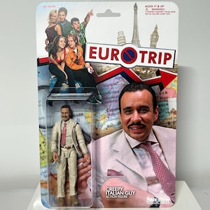 Eurotrip Creepy Italian Guy, action figure personalizzata del film cult degli anni 2000 Fred Armisen, scena del treno "Mi Scusi" - Carta bifacciale