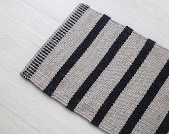 STRIPED WOOL RUG for bedside area, black and grey handwoven natural wool, ethnic modern and eclectic style home decor