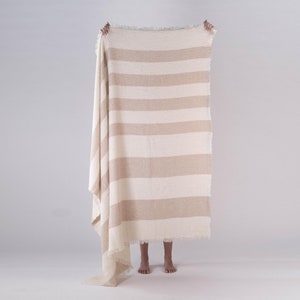 NEUTRAL THROW BLANKET, wool blanket, striped design, textured boculé wool, boho style, personalized gift image 1