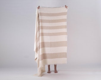 NEUTRAL THROW BLANKET, wool  blanket, striped design, textured boculé wool, boho style, personalized gift