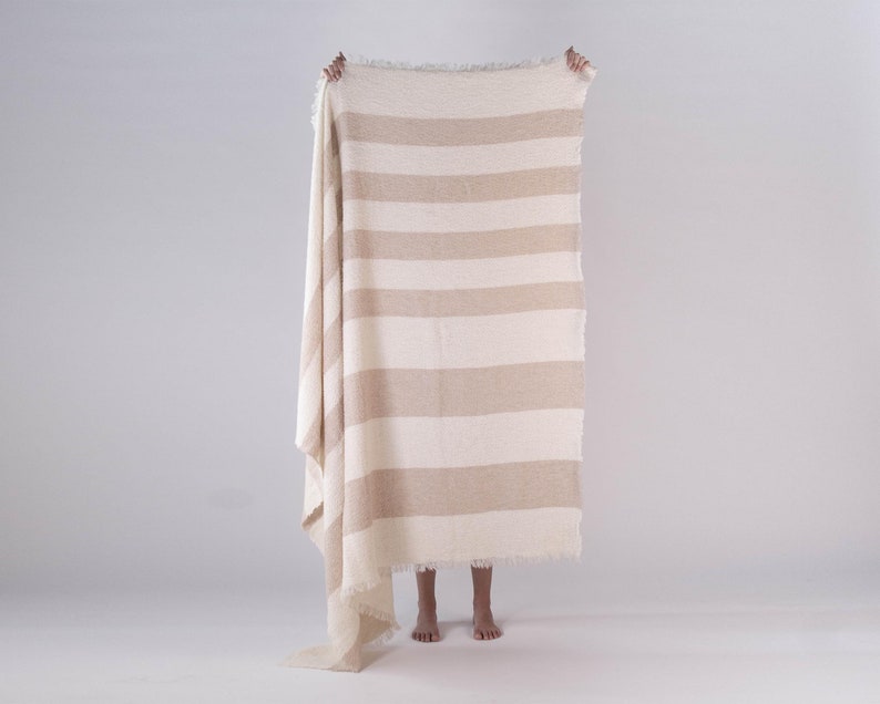 NEUTRAL THROW BLANKET, wool blanket, striped design, textured boculé wool, boho style, personalized gift image 1