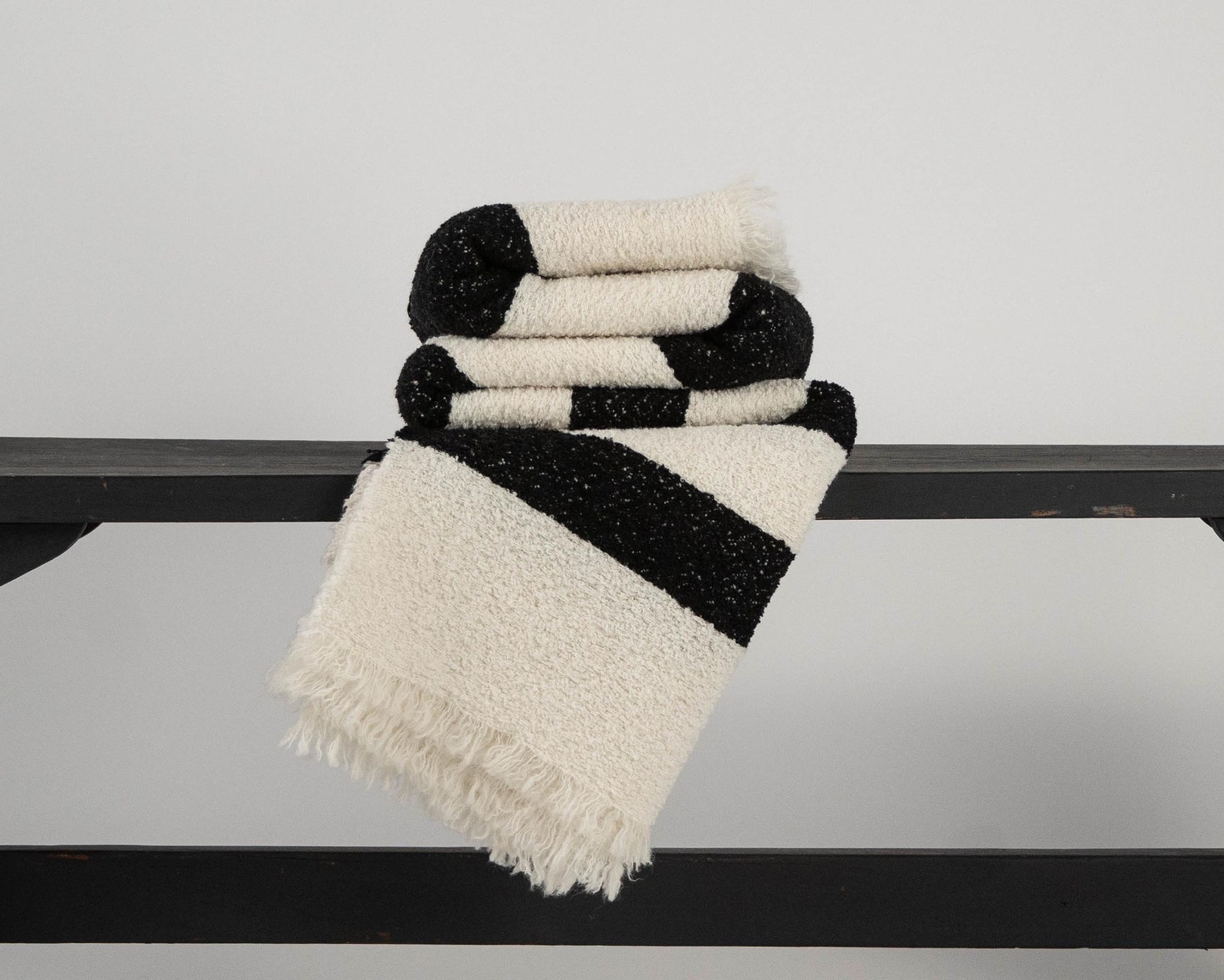 BOUCLE THROW BLACK Wool Blanket Striped Design Textured Etsy