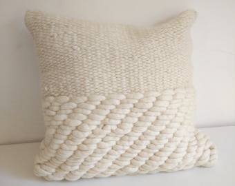 WOVEN WOOL CUSHION cover, maxi twill textured surface, ivory color, natural wool neutral color decor
