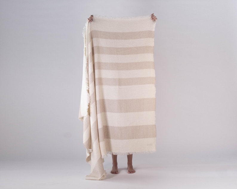 NEUTRAL THROW BLANKET, wool blanket, striped design, textured boculé wool, boho style, personalized gift image 3