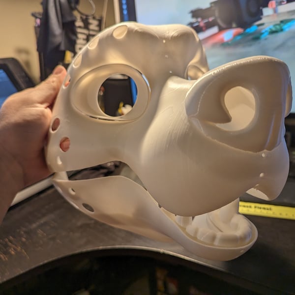 3d printed wolf fursuit head base with moveable jaw, eyes, teeth and more!