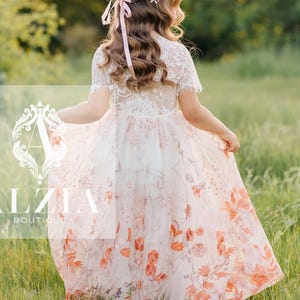 Ivory Champagne Flower Girl Dress – Boho Wedding Gown with Lace Back and Orange Floral Embroidery