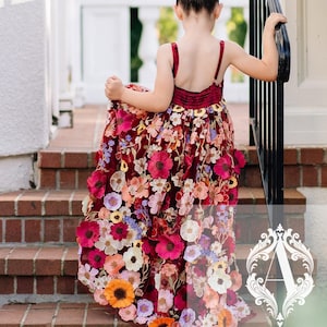 Wine 3D Floral Flower Girl Dress – Boho Burgundy Dress for Girls – Handmade Wedding or Birthday Outfit