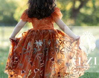 Burnt Orange Floral Embroidered Tulle Flower Girl Dress, Fall Girls Dress, Autumn Flower Girl Dress, Winter Floral Dress for Girls