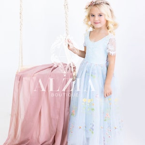 Sage Green Embroidered Tulle Flower Girl Dress: Lace V-Back Boho Gown