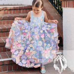 Sky Blue 3D Floral Flower Girl Dress – Boho Wedding Dress for Girls – Handmade Birthday Outfit – Spring Garden Collection