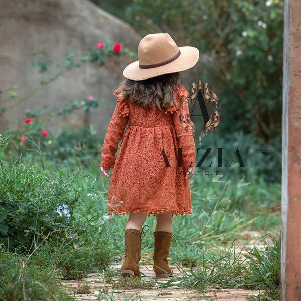 Terracotta Dress for Little Girls, Copper Color Dress Fall Outfit for Toddler Girls, Flower Girl Dress