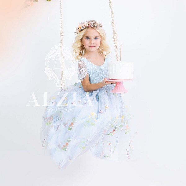 Sky Blue Pretty Flower Girl Dress With Bow main image 1
