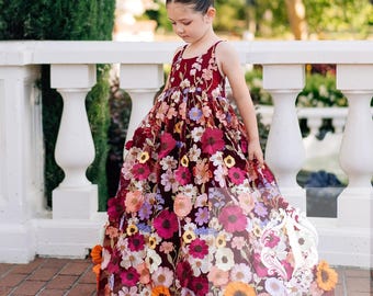 Wine 3D Floral Flower Girl Dress: Handmade Boho Wedding Outfit