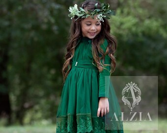 Christmas Dress for Girls, Cute Part Dress for Toddler, Flower Girl Green Lace Dress