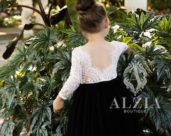Black Tulle Lace Flower Girl Dress ,  Scalloped Edges Back Party Dress for Girls