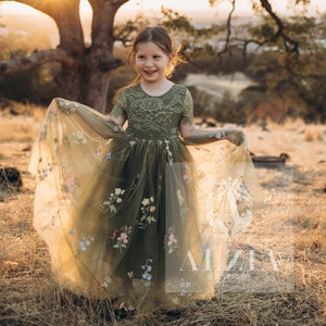 Olive Green Floral Embroidered Tulle Flower Girl Dress, Autumn Girls Dress, Winter Flower Girl Dress, Fall Floral Dress for Girls