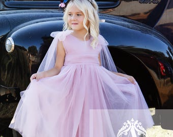 Powder Pink Tulle Flower Girl Dress , Adjustable Tulle Wings – Girls Pink Special Occasion Dress – Toddler to Preteen Sizes