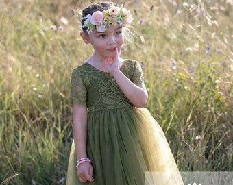 Olive Green Flower Girl Dress, Lace Bodice Tulle Skirt