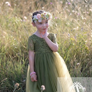 Olive  Green Flower Girl Tulle Dress