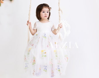 White Floral Embroidered Tulle Flower Girl Dress, White Lace Girls Dress, Bohemian Flower Girl