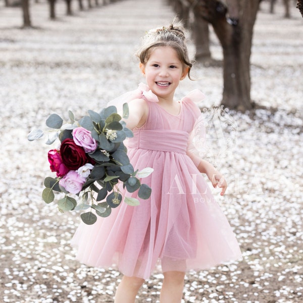 Powder Pink Knee length tulle dress for flower girl, special occasion dress for girls, birthday dress for toddler.