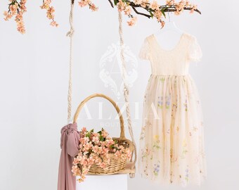 Flower Embroidery Tulle Dress For Flower Girl, Spring Dress For Girls, Champagne Flower Girl Dress, Boho Dress for Little Girls