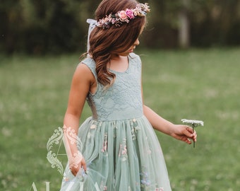 Sleeveless Floral Embroidered Tulle Flower Girl Dress, Easter Girls Dress, Spring Flower Girl Dress, Summer Floral Dress for Girls