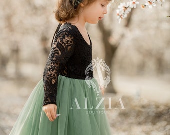 Sage Green Flower Girl Lace Dress With Tulle Bottom