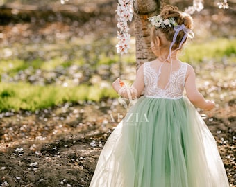 Volle Länge Salbei Grün Tüll Ärmellose Spitze Top Ausgebochte Kanten Zurück Party Blumenmädchen Kleid