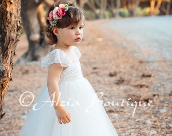 White Tulle Lace Party Flower Girl Dress