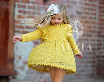Mustard Yellow Dress for Little Girls, Fall Outfit for Toddler Girls, Flower Girl Dress