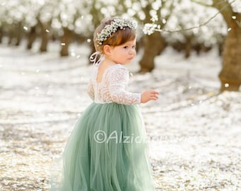 Sage Green Flower Girl Dress, Rust Flower Girl Dress, Boho Flower Girl Dress, Long Sleeve Flower Girl Dress