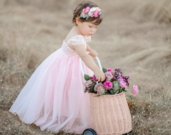 Full Length Baby Pink Tulle Lace Party Flower Girl Dress