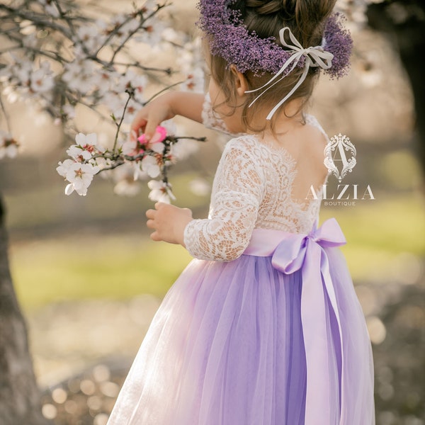 Dusty Purple Flower Girl Dress . Lilac Vintage Girl's Special Occasion Dress.