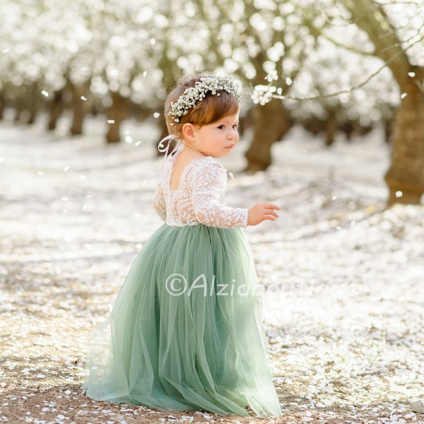 Sage Green Flower Girl Dress, Rust Flower Girl Dress, Boho Flower Girl Dress, Long Sleeve Flower Girl Dress