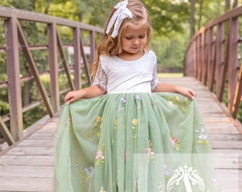 Custom Color Flower Girl Dress: Embroidered Tulle, French Lace Back
