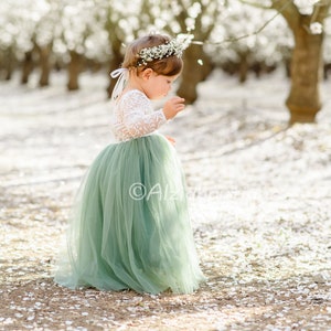 Sage Green Flower Girl Lace Dress With Tulle Bottom image 1