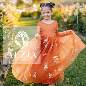 Burnt Orange Embroidered Tulle Flower Girl Dress: Boho Lace Autumn Wedding
