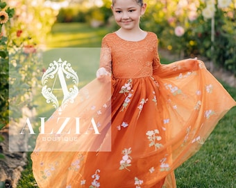 Burnt Orange Embroidered Tulle Flower Girl Dress: Boho Lace Autumn Wedding