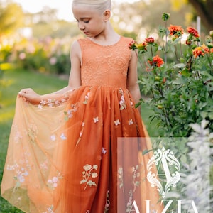Burnt Orange  Lace Flower Girl Dress – Embroidered Tulle Gown with V-Back