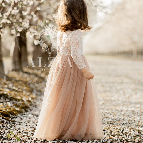 Tan, Beige Neutral Sand Shade Tulle Lace Top Scalloped Edges Back Party Flower Girl Dress